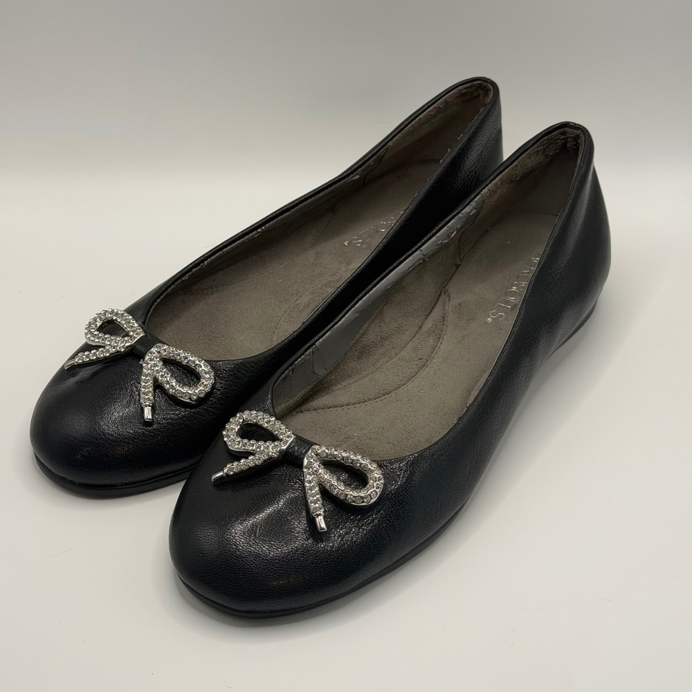 Aerosoles Black Leather Rhinestone Bow Ballet Flats Round Toe Comfort Shoes 9M